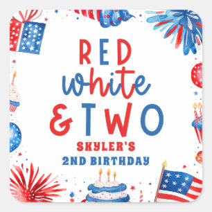 Sticker Carré Rouge, Blanc & Deux Fête d'anniversaire pour les 2