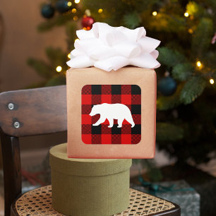 Sticker Carré Rouge Buffalo Plaid & Ours Blanc