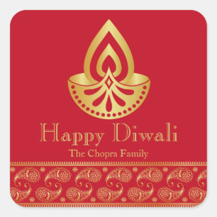 Sticker Carré Rouge et faveur de partie de Diwali d'or