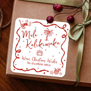 Sticker Carré Rouge Mele Kalikimaka Dessins à Main Levée Noël