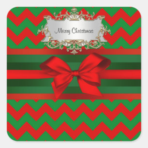 Sticker Carré Rouge moderne Chevron vert Zig-Zag Ribbon Noël