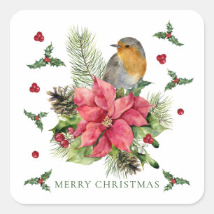 Sticker Carré Rouge Robin Poinsettia Noël