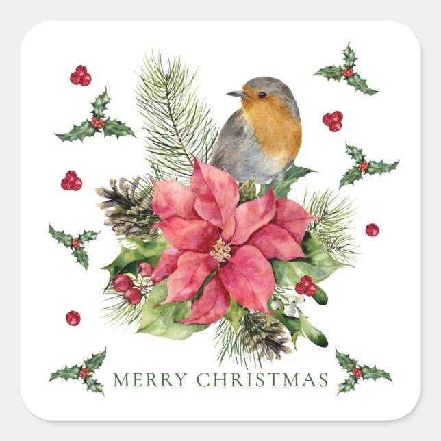 Sticker Carré Rouge Robin Poinsettia Noël (Devant)