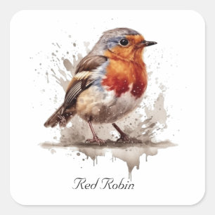 Sticker Carré Rouge rouge de l'oiseau mignon en aquarelle