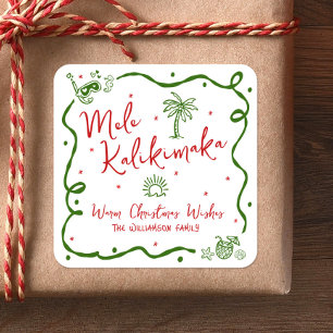 Sticker Carré Rouge Vert Mele Kalikimaka Dessin Amusant Noël