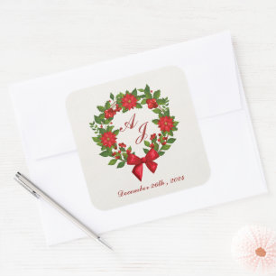 Sticker Carré Rouge vert Poinsettia Monogram mariage de Noël