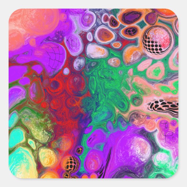 Sticker Carré Rouge, Vert, Violet Coloré Digital Fluid Art (Devant)