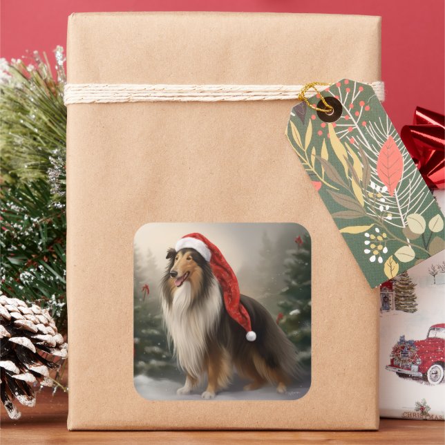 Sticker Carré Rough Collie Chien dans la neige Noël (vacances)