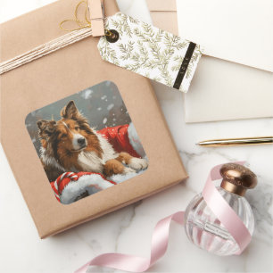 Sticker Carré Rough Collie Chien Festif de Noël