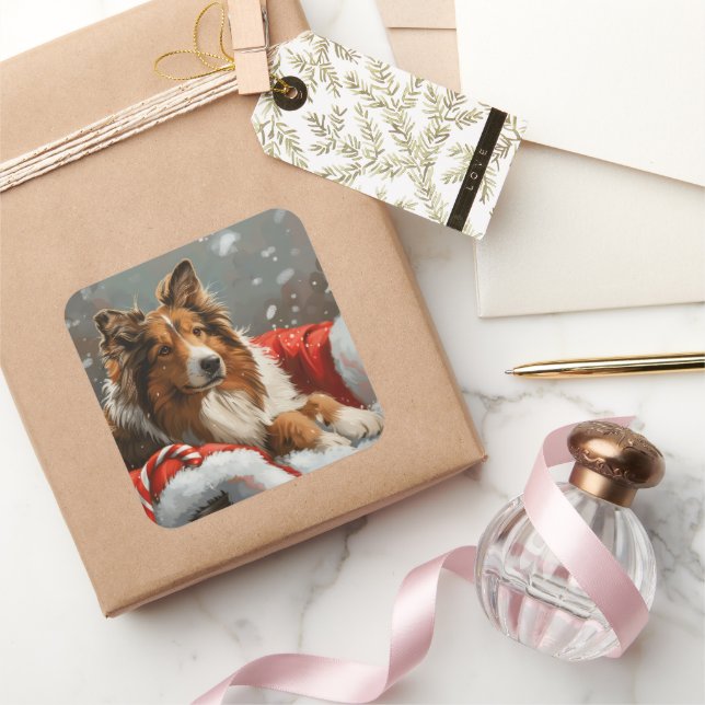 Sticker Carré Rough Collie Chien Festif de Noël (Cadeaux)
