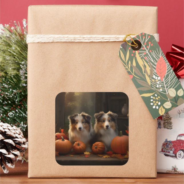 Sticker Carré Rough Collie Puppy Automne Citrouille de plaisir (vacances)