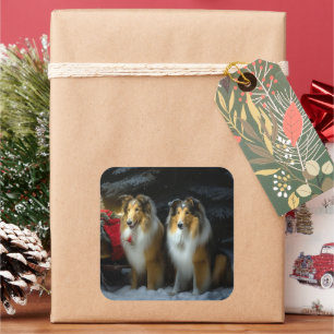Sticker Carré Rough Collie Snowy Sleigh Décor de Noël