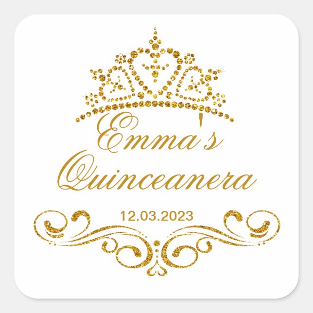 Sticker Carré Rouleaux d'or, logo personnalisé Tiara Quinceanera (Devant)