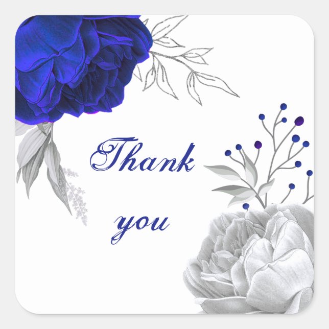Sticker Carré royal bleu & argent fleurs blanc merci (Devant)