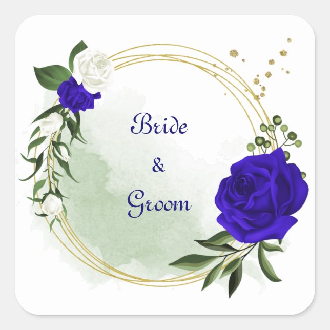 Sticker Carré royal bleu & blanc fleurs verdure or couronne (Devant)