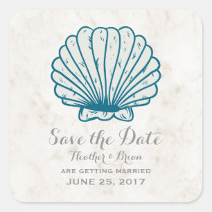 Sticker Carré Royal Blue Rustic Seashell Enregistrer la date