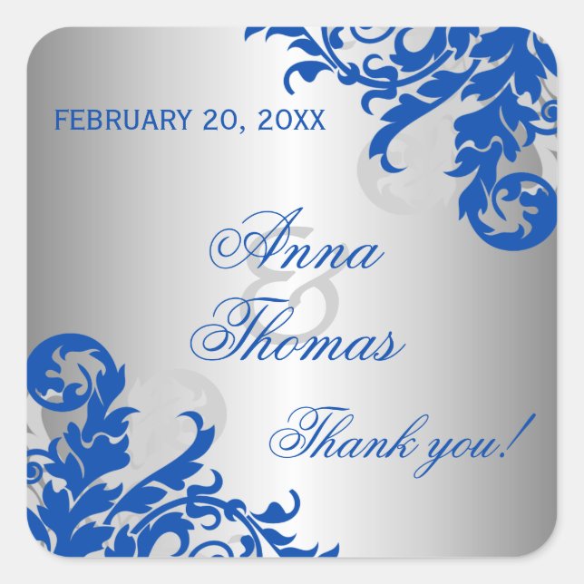 Sticker Carré Royal Blue Silver Flourish Wedding Favoriser (Devant)
