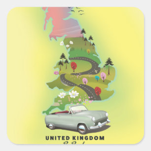 Sticker Carré Royaume-Uni "By Road" Affiche de voyage vintage.