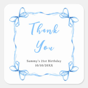 Sticker Carré Ruban Coquette Bleu Anniversaire Merci