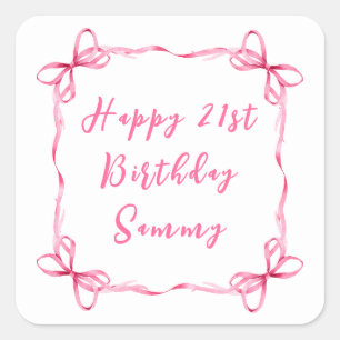 Sticker Carré Ruban Coquette Rose Joyeux Anniversaire