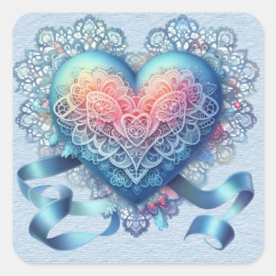 Sticker Carré Rubans en dentelle bleue Valentine Coeur