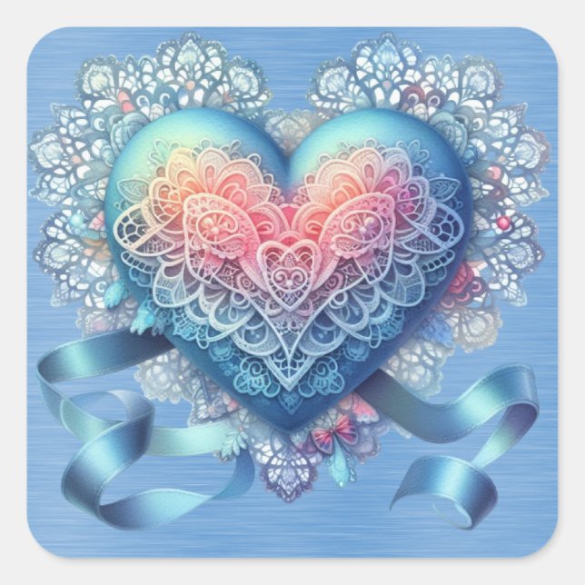 Sticker Carré Rubans en dentelle bleue Valentine Coeur (Devant)