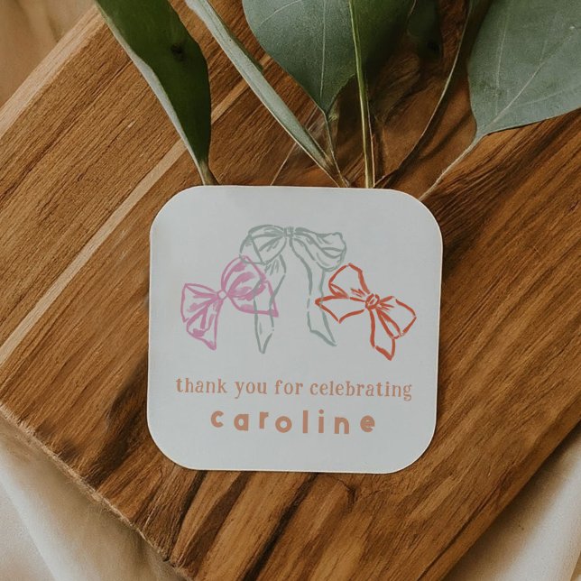Sticker Carré Rubans et vaches Anniversaire Merci Favor (Ribbons and Bows Birthday Thank You Favor Square Sticker)