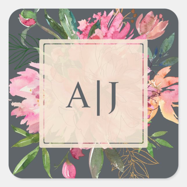 Sticker Carré Ruby Pink Peony Floral Monogramme botanique (Devant)