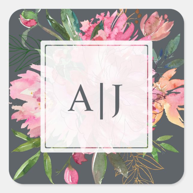 Sticker Carré Ruby Pink Peony Floral Monogramme botanique (Devant)