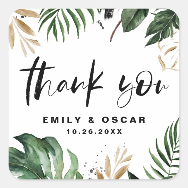 Sticker Carré Rusitc Gold Foil Tropical Feuille Mariage Merci (Devant)