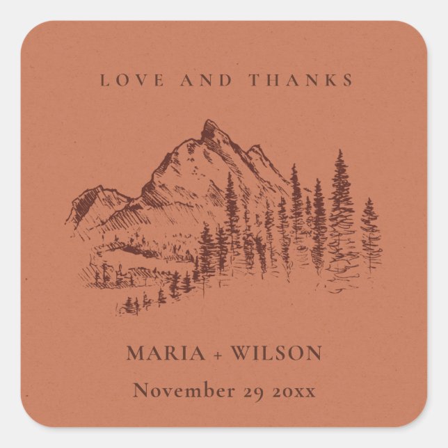 Sticker Carré Rust Orange Pine Woods Mountain Sketch Mariage (Devant)