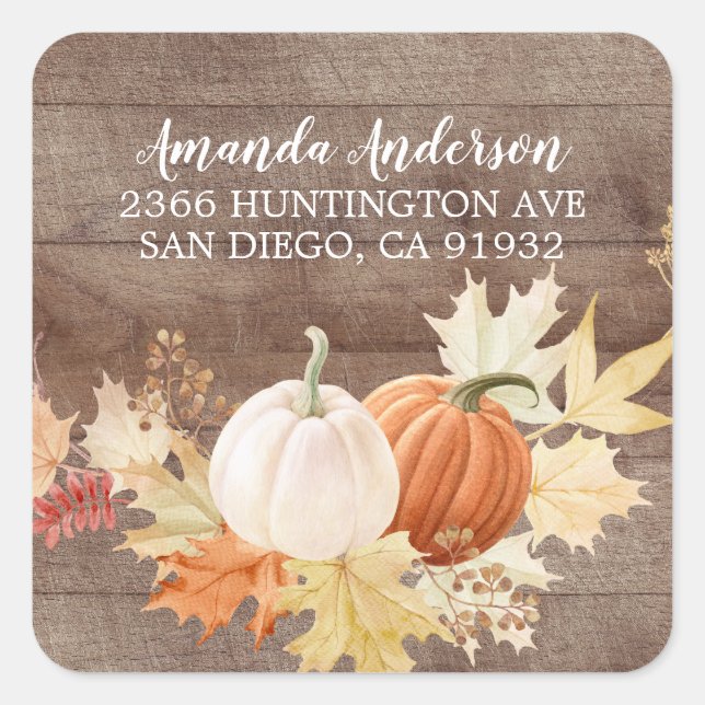 Sticker Carré Rustic Automne Feuilles Citrouilles Adresse de ret (Devant)