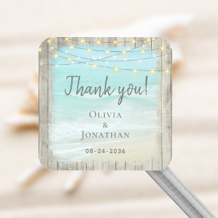 Sticker Carré Rustic Beach Mariage côtier de bois Merci