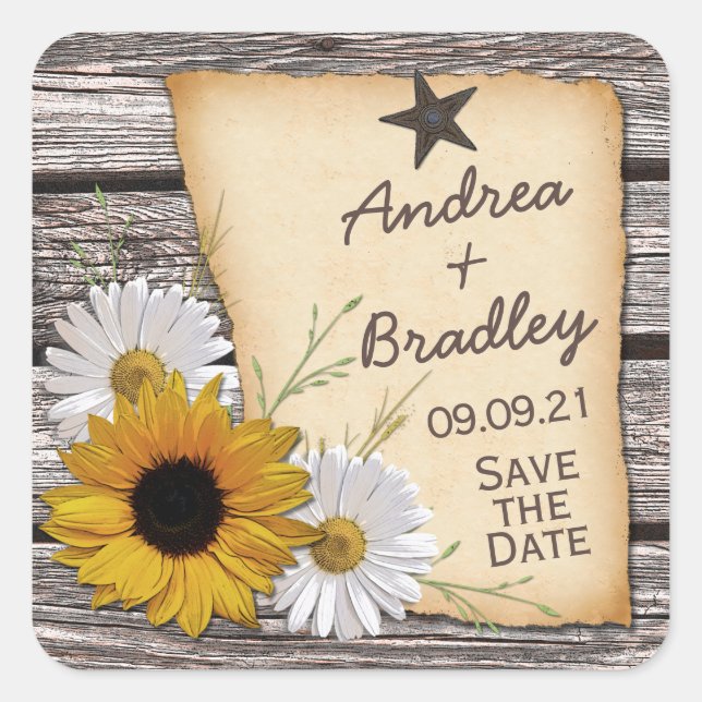 Sticker Carré Rustic Country Sunflowe Daisy Mariage Date de sauv (Devant)