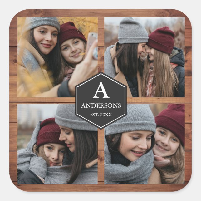 Sticker Carré Rustic Grange Wood 4 Photos Famille Photo Collage (Devant)