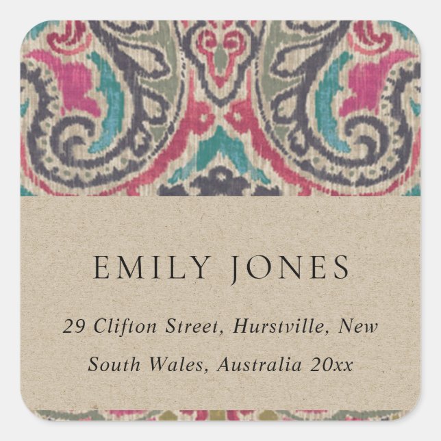 STICKER CARRÉ RUSTIC KRAFT BOHO TRIBAL IKAT PINK ADRESSE TURQUOI (Devant)