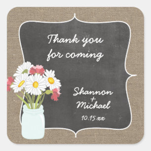 Sticker Carré Rustic Mason Jar Daisy Chalkboard de préférence au