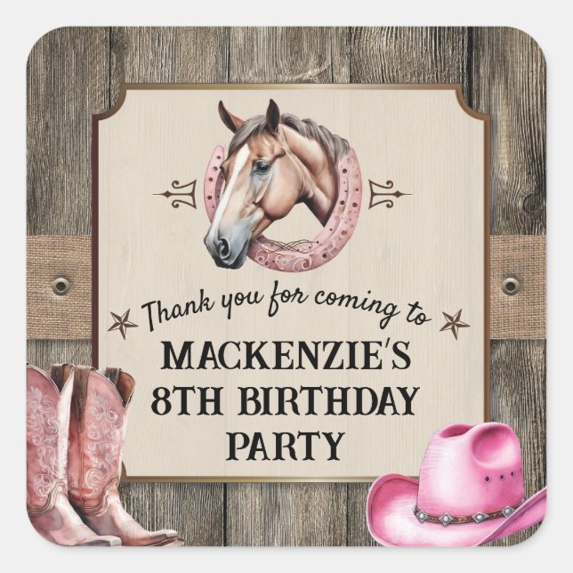 Sticker Carré Rustic Rose équitation fête d'anniversaire (Devant)