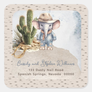 Sticker Carré Rustic Western Elephant Cowboy Adresse de retour