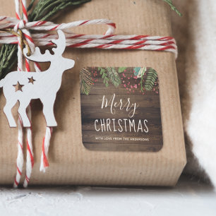 Sticker Carré Rustic Wood Holly & Pine Noël Fête de Noël
