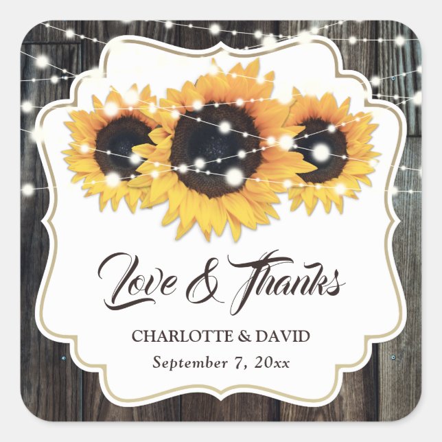 Sticker Carré Rustic Wood Sunflower Love et Merci Mariage (Devant)