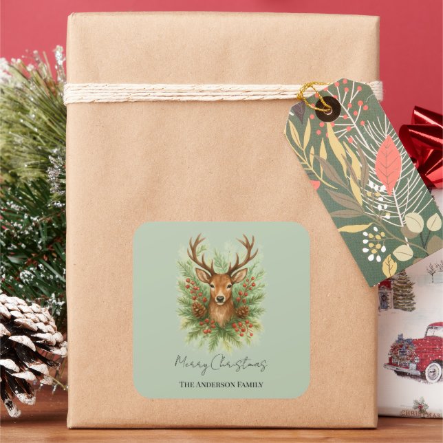 Sticker Carré Rustic Woodland Deer Head with Winter Foliage -  (vacances)