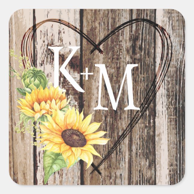 Sticker Carré Rustique Boho Sunflower Mariage de monographie de  (Devant)