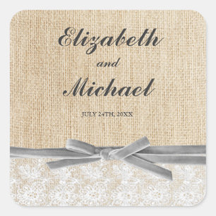 Sticker Carré Rustique Burlap Dentelle gris ruban Favoriser Étiq