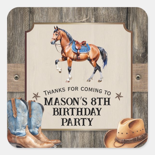 Sticker Carré Rustique Cowboy Horseback équitation fête d'annive (Devant)