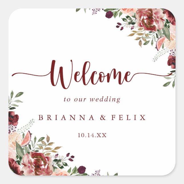 Sticker Carré Rustique été Floral Calligraphie Mariage Bienvenue (Devant)