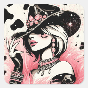 Sticker Carré Rustique Glam Cowgirl rose étincelante Cowhide Imp
