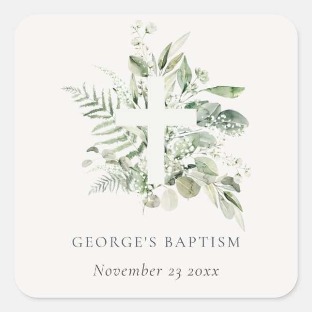 Sticker Carré Rustique Green Eucalyptus Fern Foliage Croix Baptê (Devant)