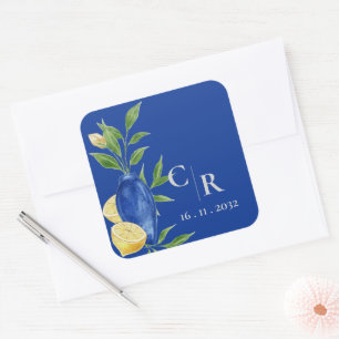 Sticker Carré Rustique Joli Monogramme Bleu jaune citron Mariage