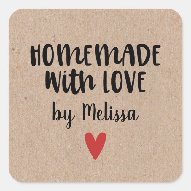 Sticker Carré Rustique Kraft fait maison avec amour (Devant)